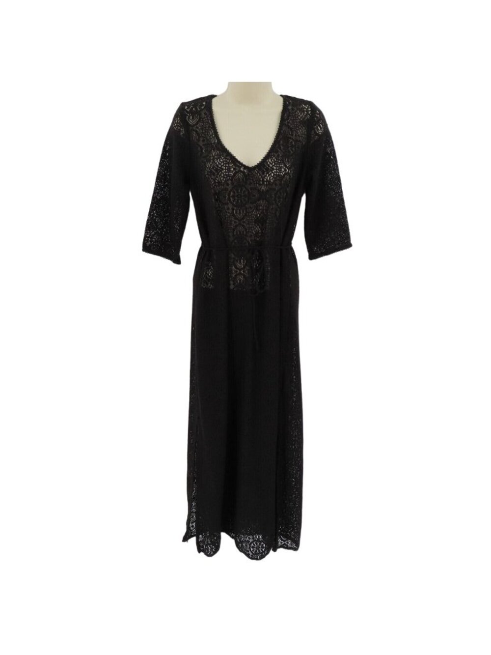 OYSHO Womens Small Black Long Sleeve V Neck See Through Coverup Dress Beach Slit
